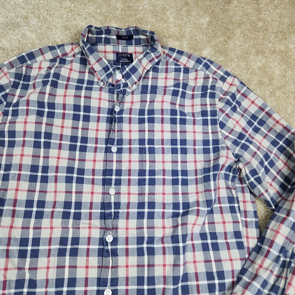 J Crew Shirt Mens L Red Blue Plaid Check Flex Wash Button Up Slim A867